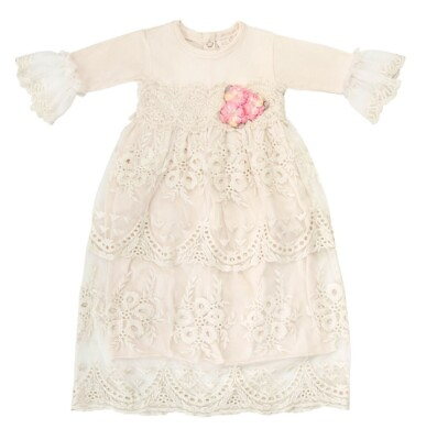 NWT Haute Baby Peach Blush Lace Flower Daygown Gown Dress Newborn Baby Girls $59.99