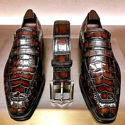 #ad Handmade Brown Alligator Texture Leather Moccasin Shoes Dress Wedding men Shoes $129.99