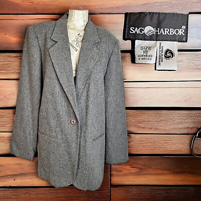 #ad Sag Harbor Blazer Jacket Womens Size 18 Gray Wool Blend Tweed button $20.00