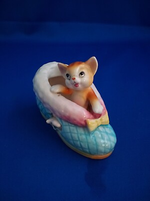 #ad Vintage mid century porcelain kitten in slipper 2 pieces kitten comes out $18.00