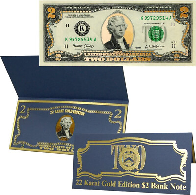 22k Gold Layered Uncirculated Two Dollar Bill Special Edition Collectible $18.95