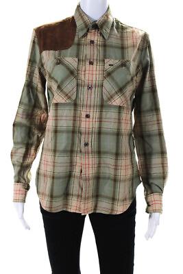 #ad Ralph Lauren Blue Label Womens Plaid Button Down Shirt Green Brown Cotton Size 8 $40.81