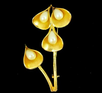 #ad Vintage Cone Shaped Flowers w Faux Pearls Brooch Pin $15.29