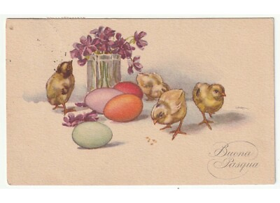 #ad #ad 1923 Antique Card Happy Easter Chicks Food Egg Coloured Vase Violets $6.49