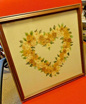#ad Vintage Shabby Folk Artist Framed Glass Pressed Dried Heart Shaped Flowers 16.5quot; $26.00
