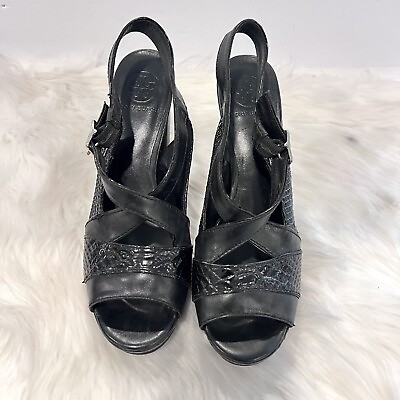 #ad Tory Burch Women’s Black Snake Skin Leather Crisscross Platform Sandals Size 10M $89.99