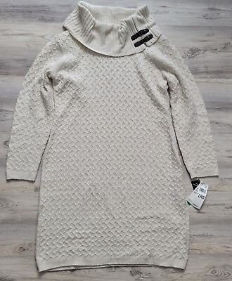 #ad Sandra Darren Dress Beige Cable Knit Sweater Dress Turtle Neck Casual Sz L NWT $24.47