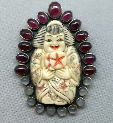 #ad Federico Jimenez Sterling Silver Brooch Garnet Moonstone Carved Geisha Focal $725.00