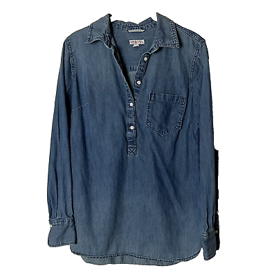 #ad Merona Women#x27;s Tunic Top Size Small Popover Shirt Blue Long Sleeves Chambray $7.00