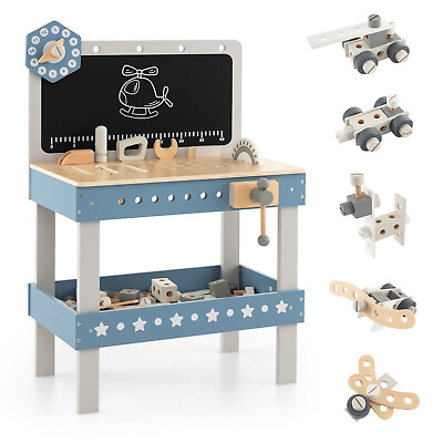 Kids Wooden Toy Workbench Toddler Pretend Play Tool Bench Workshop w Accessories $49.99