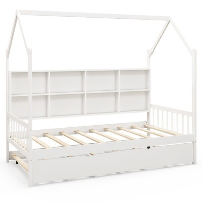 #ad Twin Size Kids Montessori Daybed Trundle Bed Room W Roof amp; Shelf Compartments $298.97