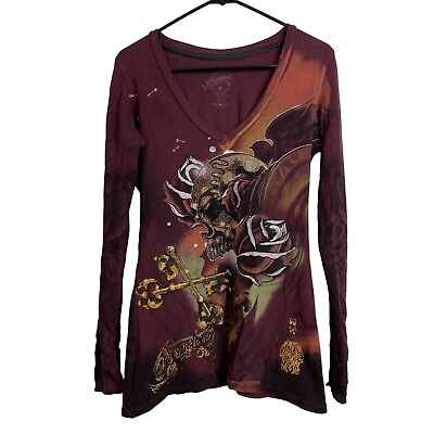 #ad Remetee Affliction Womens Thermal Shirt Large Burgundy Long Sleeve Skull Floral $33.20