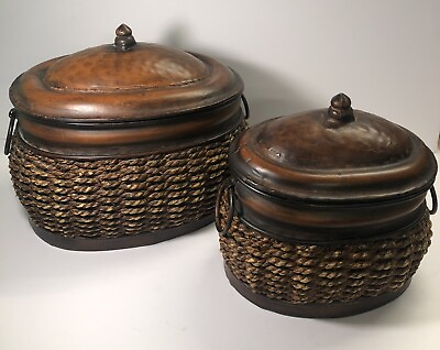 #ad Roped Wicker Baskets Set Lot Of 2 With Metal Lids 2 Sizes Storage Decor $35.00