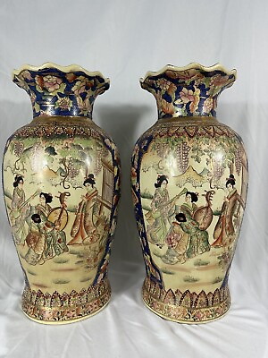 #ad Pair Satsuma Style Vase Hand Painted Scenery 18”H 8”D Blue amp; Cream Mariage $190.00