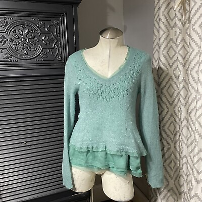 #ad Anthropologie Knitted amp; Knotted Turquoise Green Alpaca Ruffle Sweater L $60.00
