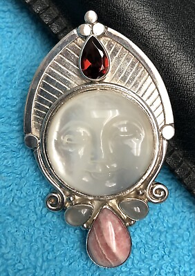 Sajen Sterling Silver 925 Carve Face MOP Garnet Moonstone Opal QuartzPendant Pin #ad $325.00