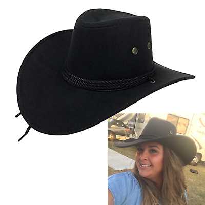Men Women Faux Felt Western Cowboy Hat Fedora Outdoor Wide Brim Hat with Strap $30.18
