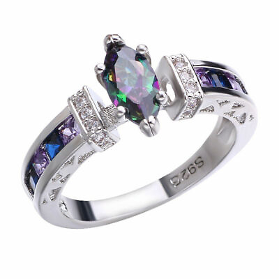 #ad 925 Sterling Silver Rainbow Fire Mystical Topaz Amethyst Wedding Ring Size 10 $15.74