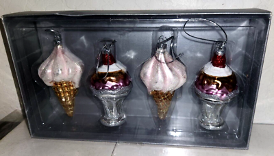 #ad Pier 1 Christmas Glass Ornaments Set Of 4 2 Sundae’s amp; 2 Ice Cream Cones $17.99