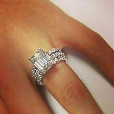 #ad 3.30Ct Emerald Cut Diamond Simulated Engagement Ring Trio Set 14K White Gold $232.87