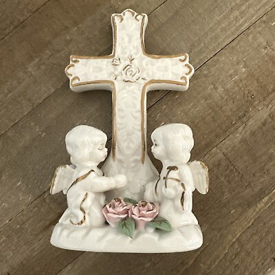 Vintage K#x27;S COLLECTION 5.5” White Porcelain Cross Two Angel Figurines Roses $5.00