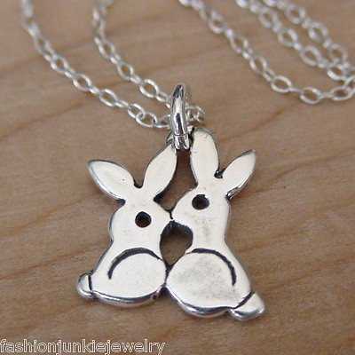 #ad Tiny Bunnies Charm Necklace 925 Sterling Silver Kiss Rabbit Bunny Easter NEW $18.00