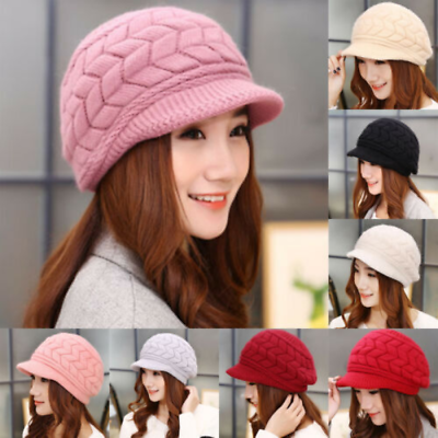#ad Womens Winter Beanie Hat Warm Knitted Slouchy Fleece Beret Cap with Visor New H3 $16.86
