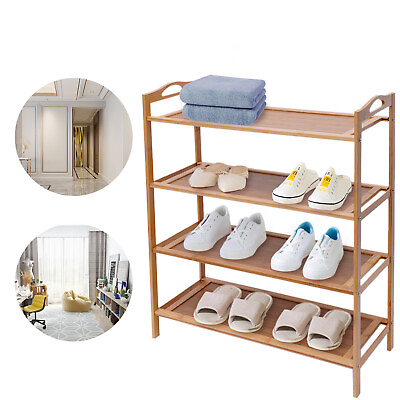 #ad 4 Tiers Shoe Rack Organizer Wood Bamboo Shelf Entryway Storage Home Furniture $34.00