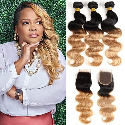 #ad Blonde Body Wave Bundles with Closure Human Hair 13x4 Lace Frontal 1B 27 Hair $173.59