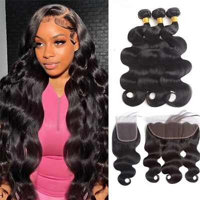 #ad Brazilian Body Wave Bundles With Lace Closure Lace Frontal Human Hair Extensions $43.07