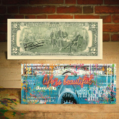 #ad JAWS Great White Killer Shark $2 U.S. Bill Pop Art HAND SIGNED by Artist Rency $26.00