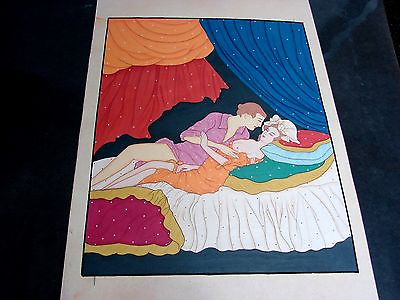 #ad UNIQUE UNKNOWN PAINTING ON PAPER C.1920 ART DECO LOVERS BEDROOM $800.00