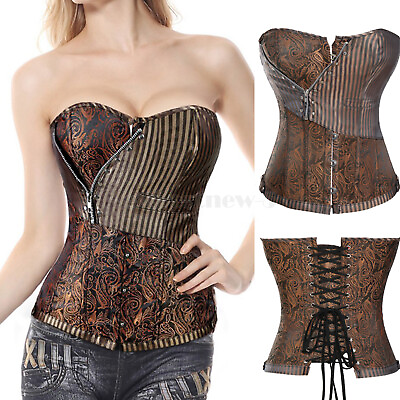 #ad Women#x27;s Gothic Lace up Boned Overbust Bustier Brocade Basque Corset Lingerie US $19.79