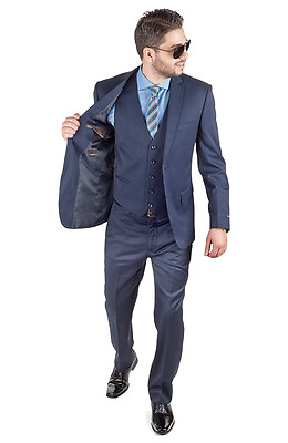 Slim Fit Suit 3 Piece Vested 2 Button Solid Navy Blue Notch Lapel By AZAR MAN $119.00