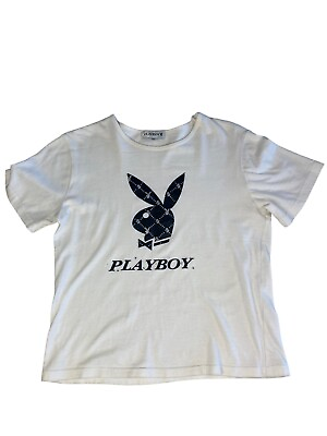 #ad Vintage White Playboy Tshirt Shirt Top Embellished Size Medium Y2k 2000s Rare AU $70.00