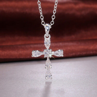 #ad Fashion Cross 925 Silver Necklace Pendant Women Cubic Zircon Wedding Jewelry $2.49