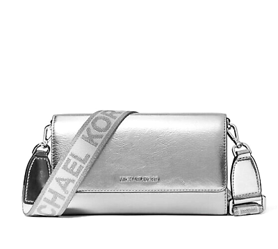 #ad New Michael Kors Jet Set Item Large Wallet Crossbody Metallic Silver Dust bag $99.90