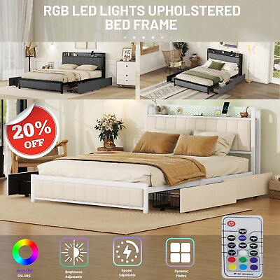 #ad Queen Bed Frame with LED Upholstered Bed with 4 Storage Drawers and USB Ports $235.70