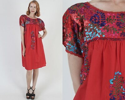 #ad Traditional Red Embroidered Oaxacan Dress San Antonio Mexican Cover Up Sundress $93.10