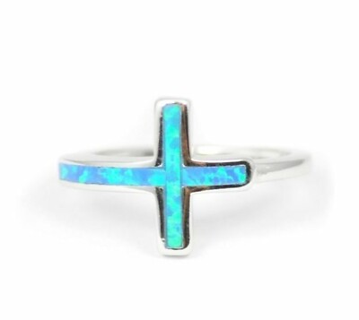 #ad 925 Sterling Silver Synthetic Opal Ring Inlay Jesus Cross Band $25.99