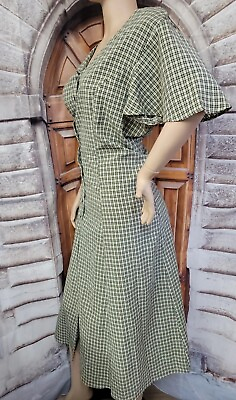 #ad Garment City Vintage Green Black Plaid Women#x27;s Ties Back Dress L XL Bust 50quot; #01 $79.10
