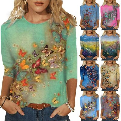 #ad Women 3 4 Sleeve Floral Print Pullover T shirt Top Casual Baggy Crew Neck Blouse $16.39
