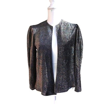 Vintage Womens Jacket Open 70s Metallic Puff Sleeve Silver Unlined Sparkly #ad $39.94