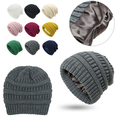 #ad Womens Winter Beanie Hat Warm Knit Hat Thick Silk Satin Lined Cap Outdoor Gift $10.49