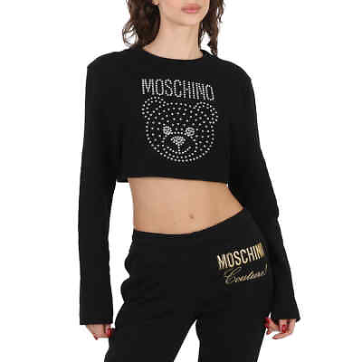 #ad Moschino Fantasy Print Black Crystal Teddy Cropped Cotton Sweatshirt Brand Size $241.99