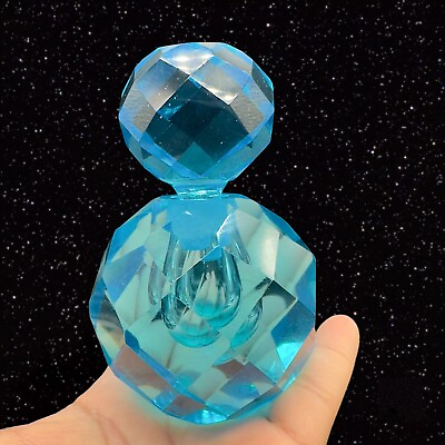 #ad Polish Crystal Glass Facetted Crystal Perfume Blue Paperweight Bottle 4.5”Tall $52.50