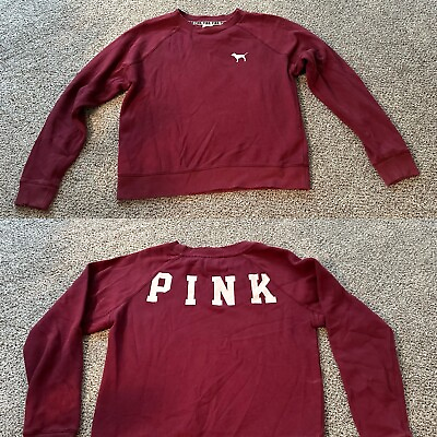 #ad PINK Victorias Secret Small Burgundy Distressed Edge Back Logo Sweatshirt $25.00