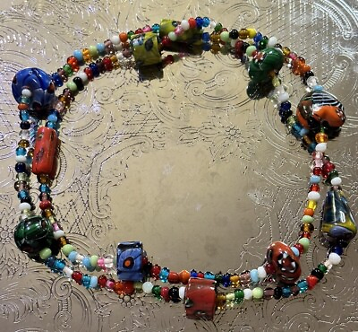 #ad Venetian Blown Glass Infinity Necklace 32in Lampwork Millefiori Colorful EUC VTG $15.00