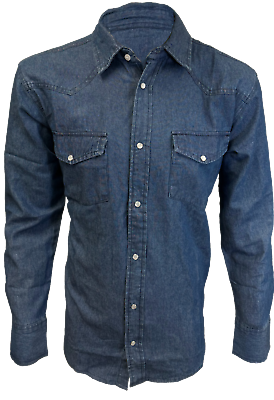 #ad Mens Denim Western Shirt Dark Blue Wash Cotton Pearl Snap Up Buttons 2 Pockets $22.50
