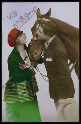 #ad b12 Horse and woman glamour lady original old 1920s French photo postcard $4.00